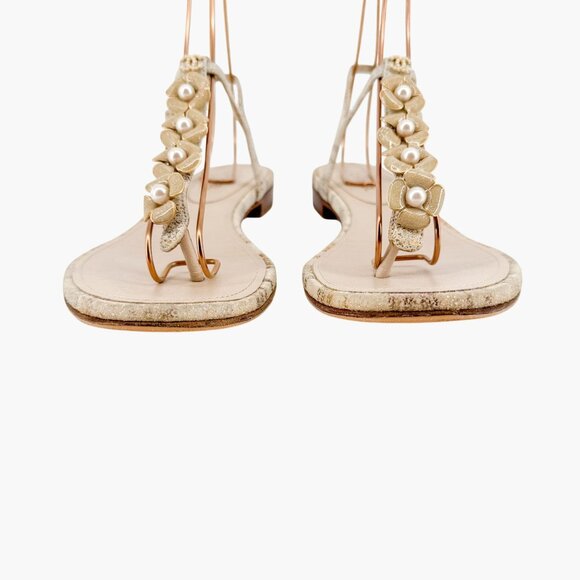 Chanel Camellia Pearl CC T-Strap Flat Sandals EU 38 US 7-7.5 Beige Leather Logo - Picture 5 of 11